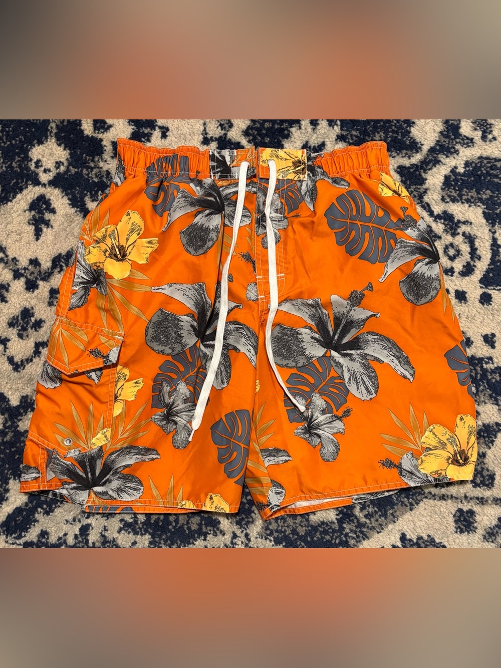 Men's Orange Tropical Print Swim Trunks with Drawstring